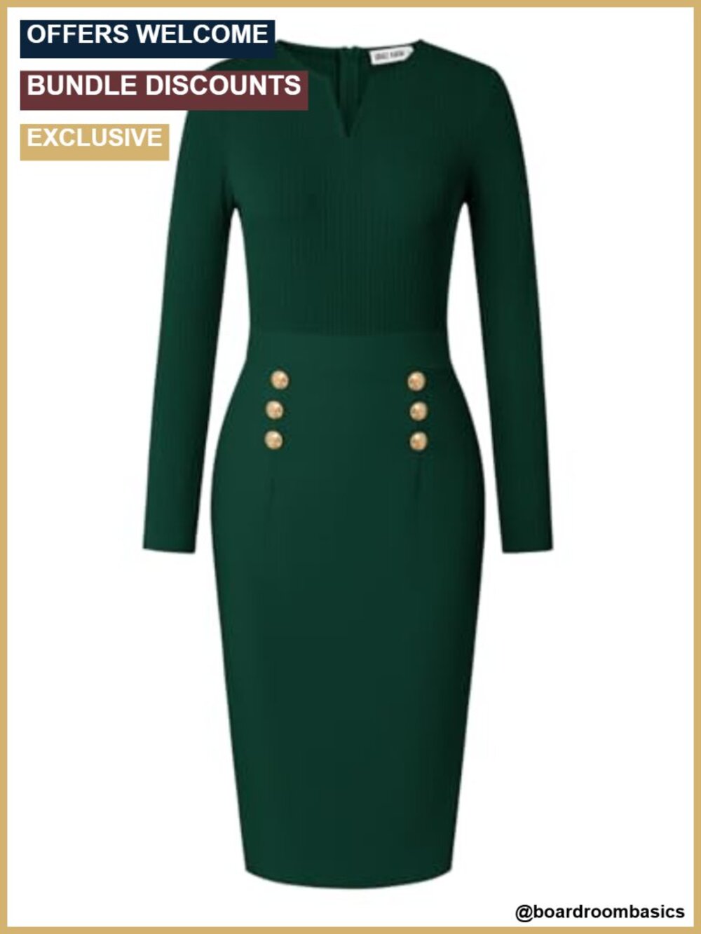 Women's Long Sleeve Work Midi Dress Henley V-Neck Pencil Office